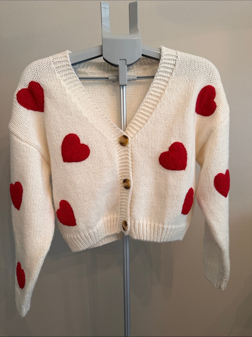 Anthropologie Luna Ivy Cream Cardigan with 3D Red Yarn Hearts